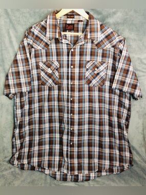 Plains Western Wear Pearl Snap Men’s Brown Plaid Short-Sleeve Shirt